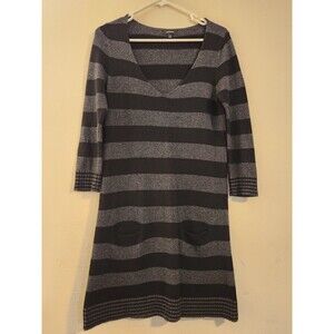 Express Medium Black & Gray V-Neck‎ Striped Sweater Dress Pockets Wool Blend Y2K